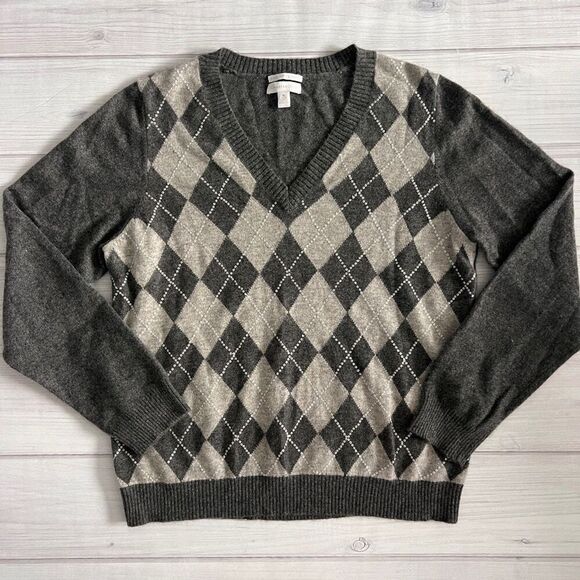 Charter Club Women’s XL 2-Ply Cashmere Argyle Diamond Sweater Preppy Gray Sequin - Picture 1 of 8